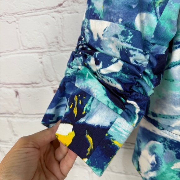 Coldwater Creek Floral Zip Jacket P16 Petite Blue Green White Ruched sleeves - Picture 2 of 6